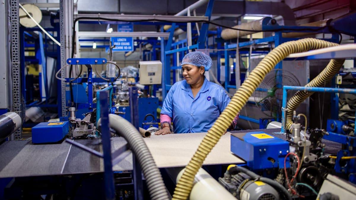 Worker operating machinery on a factory production line